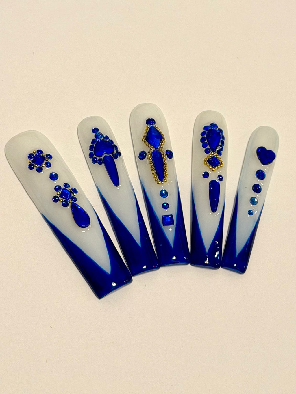 Royal Sapphire – Deep Blue and Milky White Press-On Nails with Gem Accents