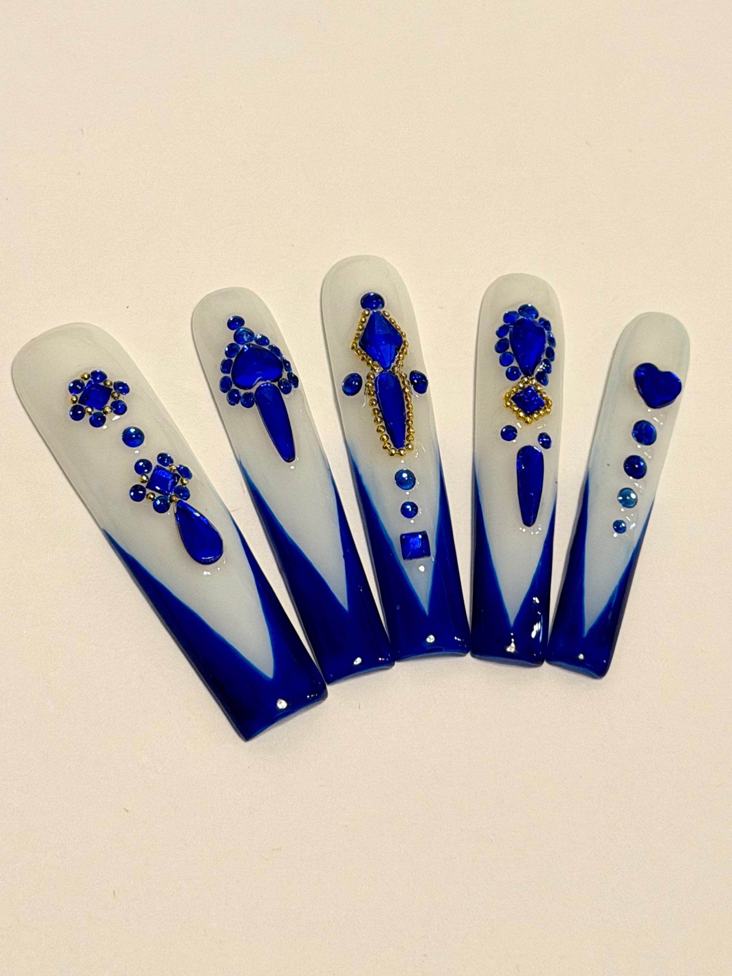 Royal Sapphire – Deep Blue and Milky White Press-On Nails with Gem Accents