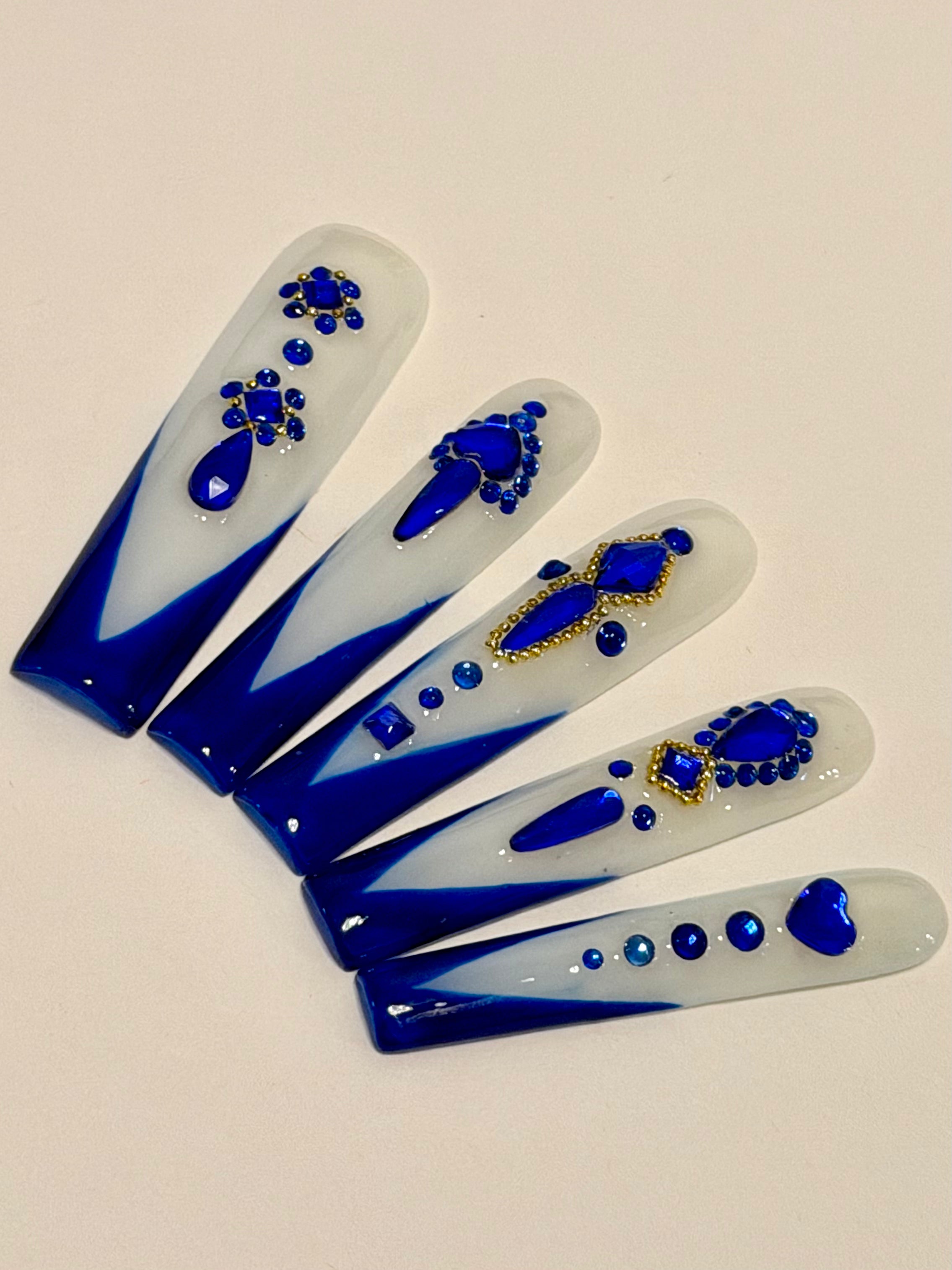 Royal Sapphire – Deep Blue and Milky White Press-On Nails with Gem Accents
