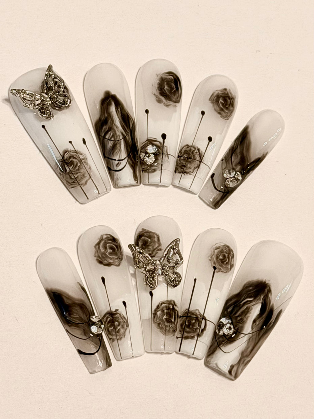 Midnight Whisper – Smoky Marble Press-On Nails with Silver Butterfly Accents