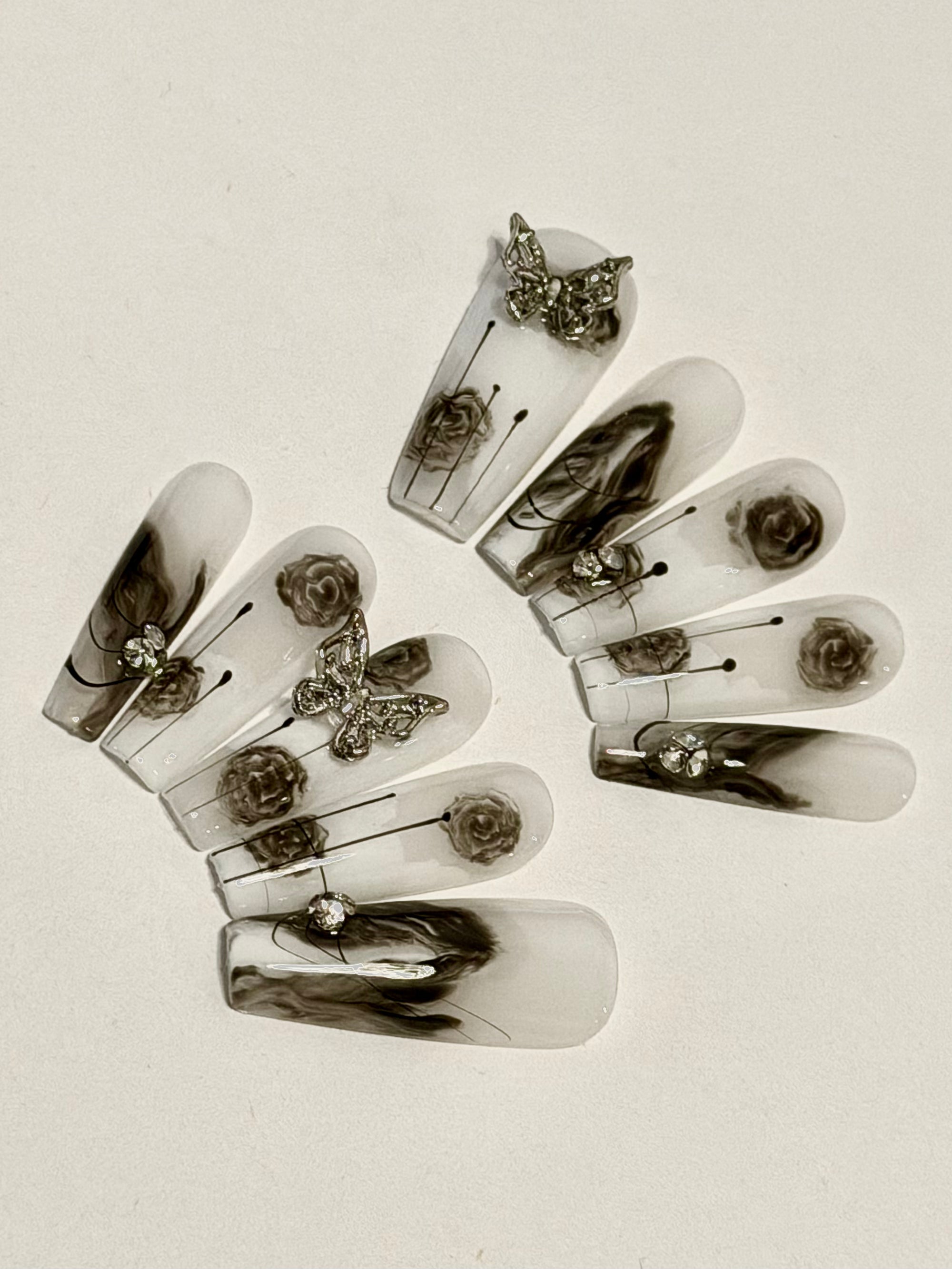 Midnight Whisper – Smoky Marble Press-On Nails with Silver Butterfly Accents