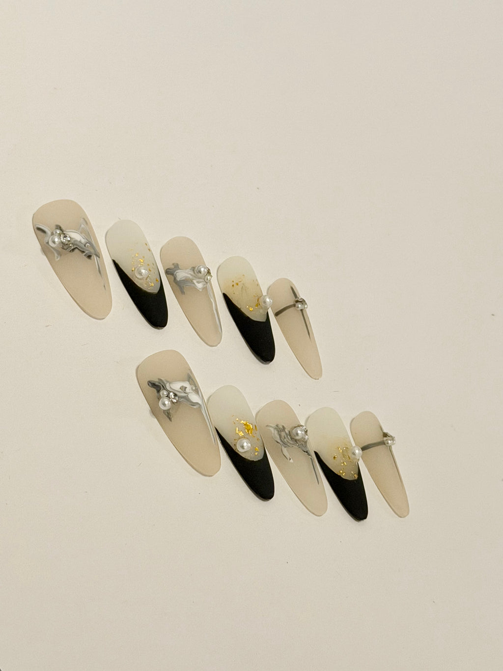 Midnight Elegance – Black Marble Press-On Nails with Gold Foil and Pearl Accents