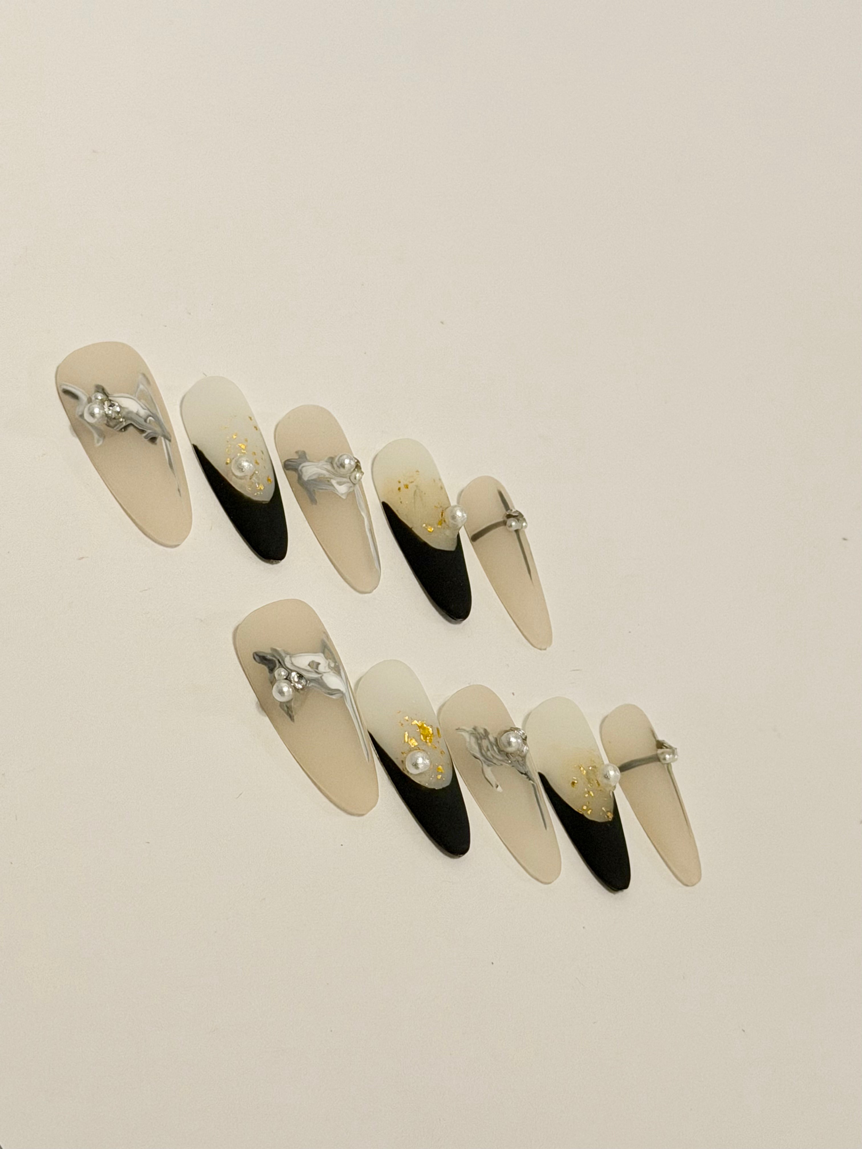 Midnight Elegance – Black Marble Press-On Nails with Gold Foil and Pearl Accents