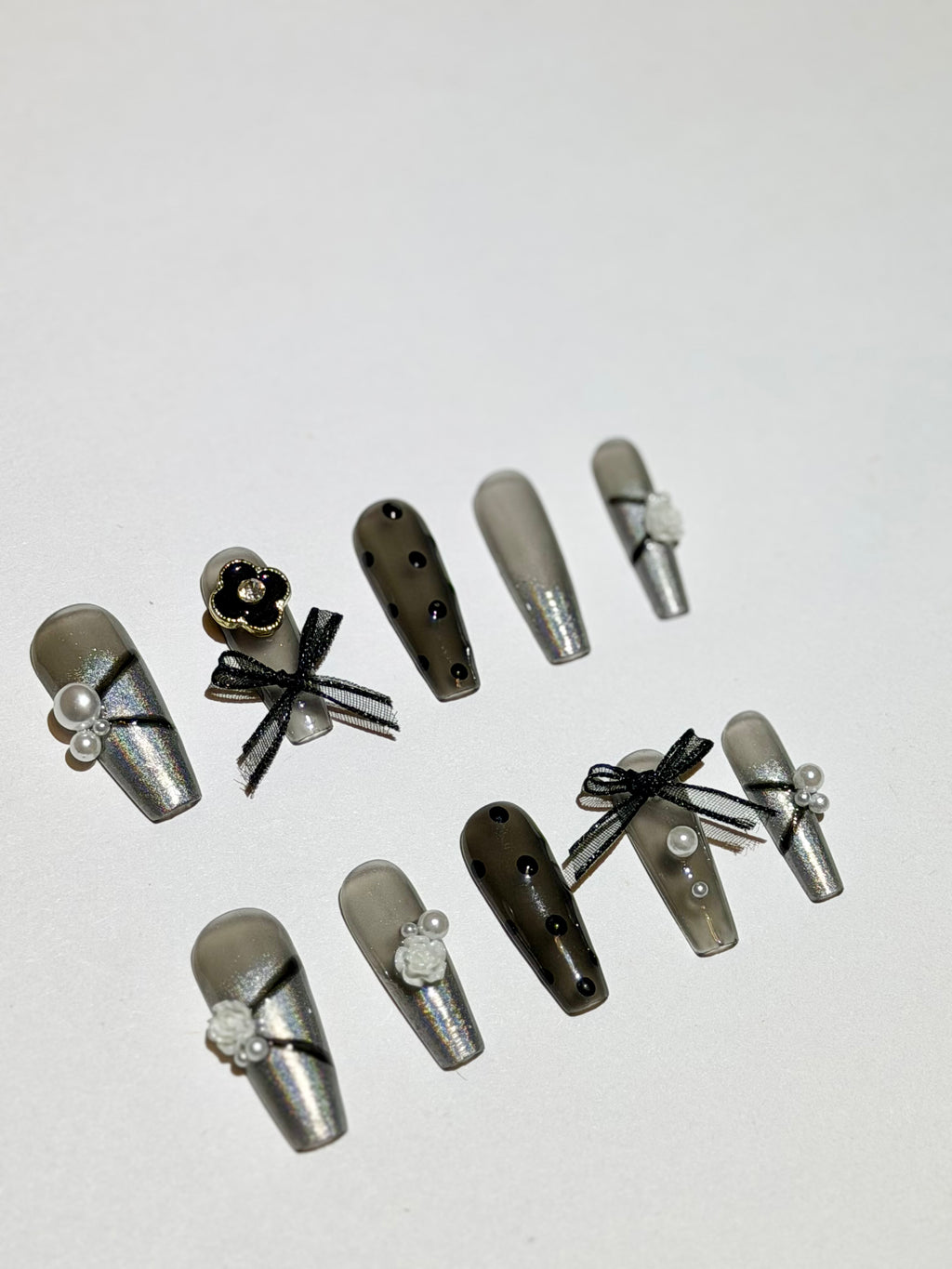 Lunar Lace – Holographic Pearl & Bow Press-On Nails