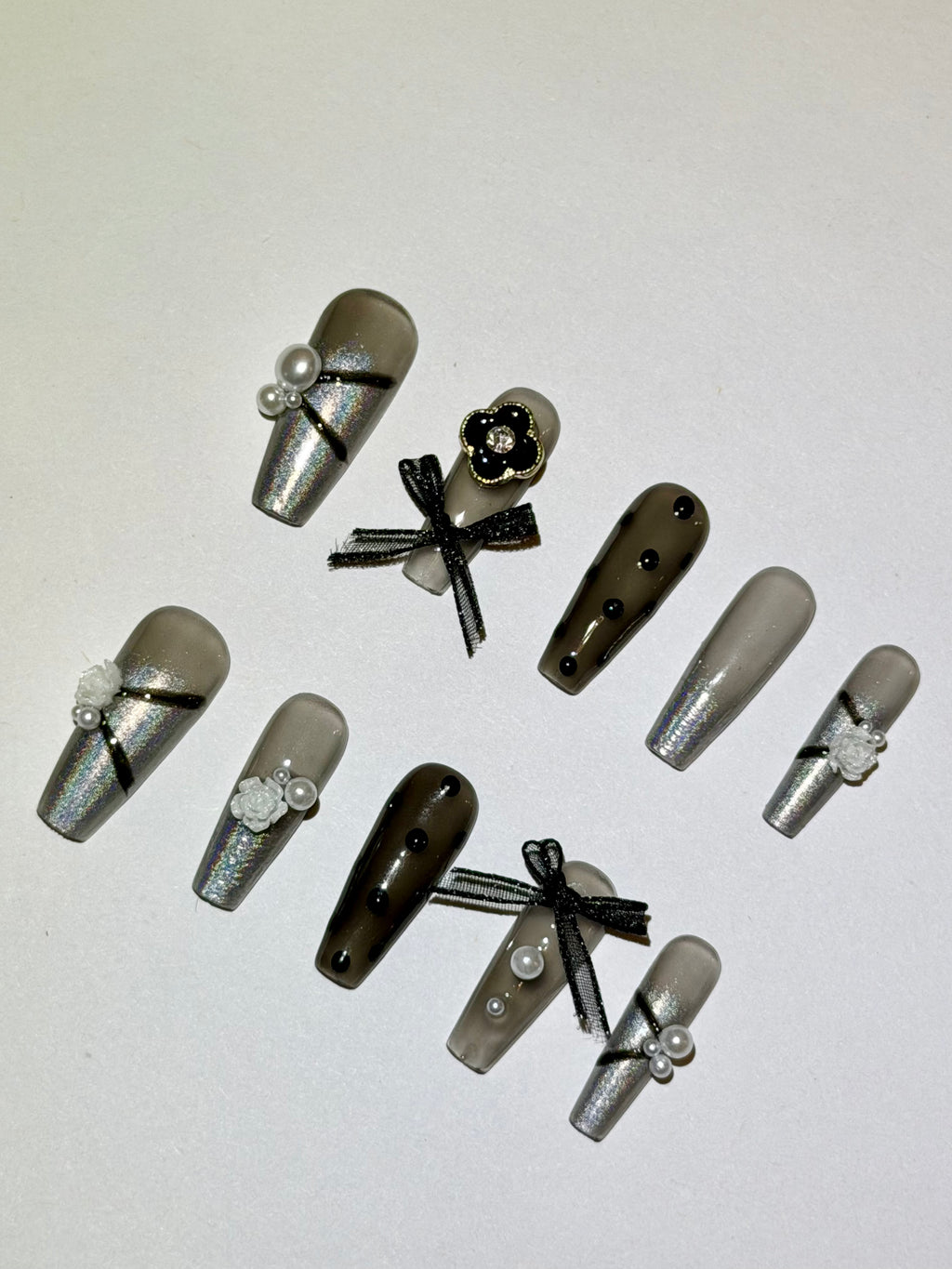 Lunar Lace – Holographic Pearl & Bow Press-On Nails