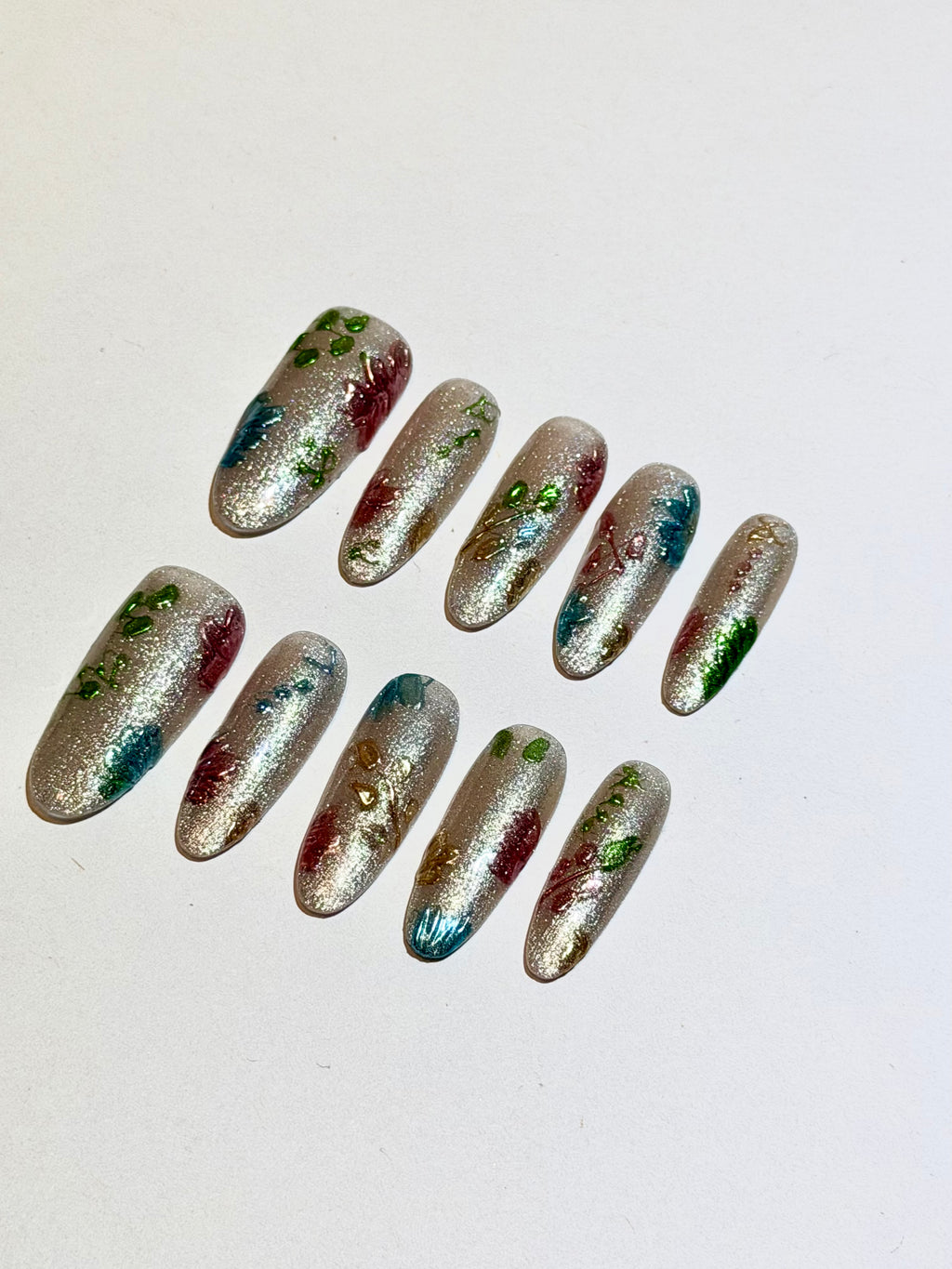 Celestial Glow – Shimmering Silver Press-On Nails with Iridescent Jewel Tones