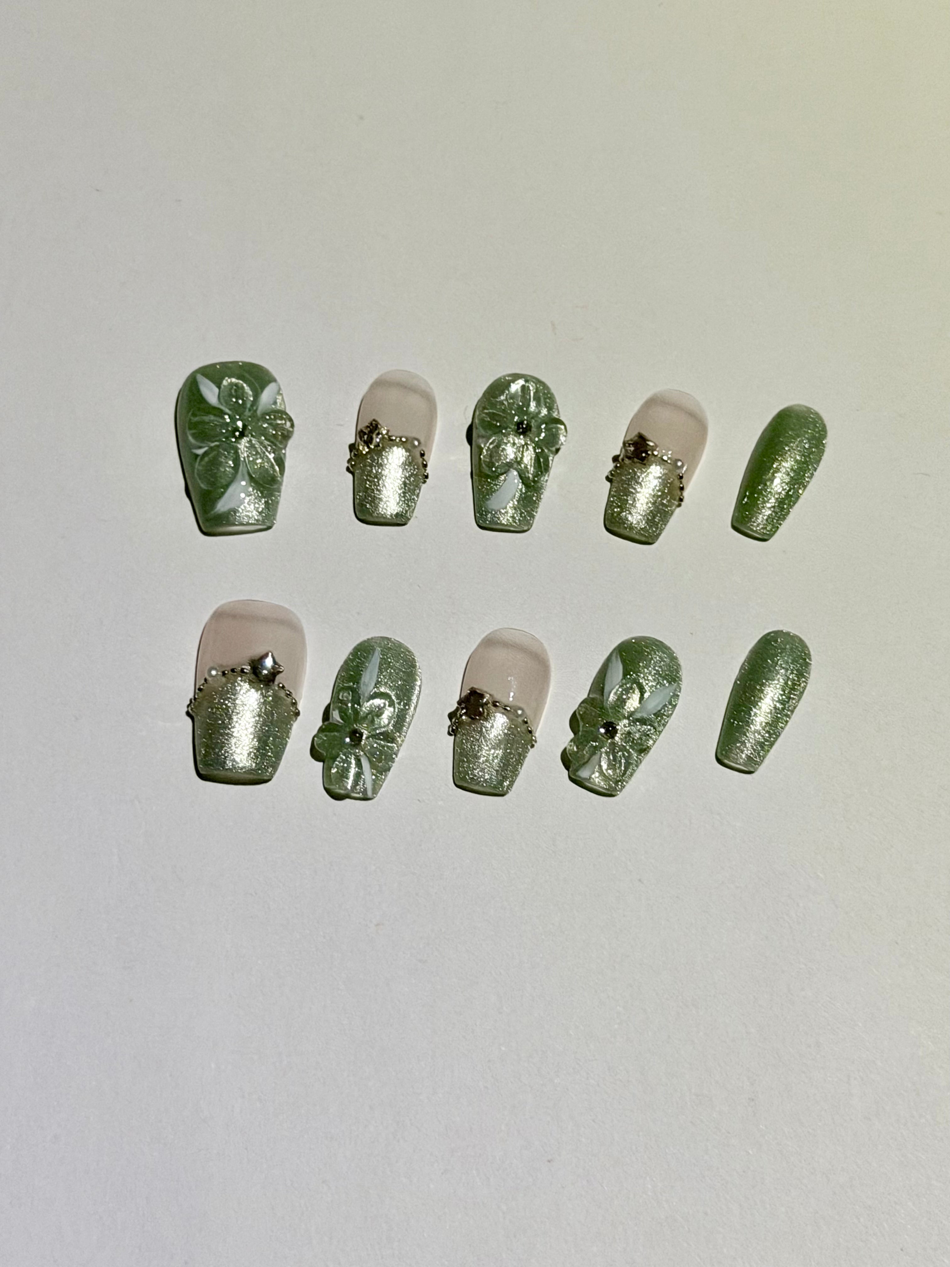 Divine Petal – Mint Green Shimmer Press-On Nails with 3D Floral and Pearl Accents
