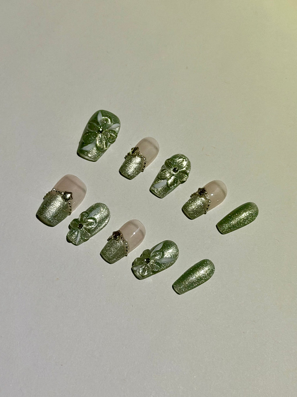 Divine Petal – Mint Green Shimmer Press-On Nails with 3D Floral and Pearl Accents