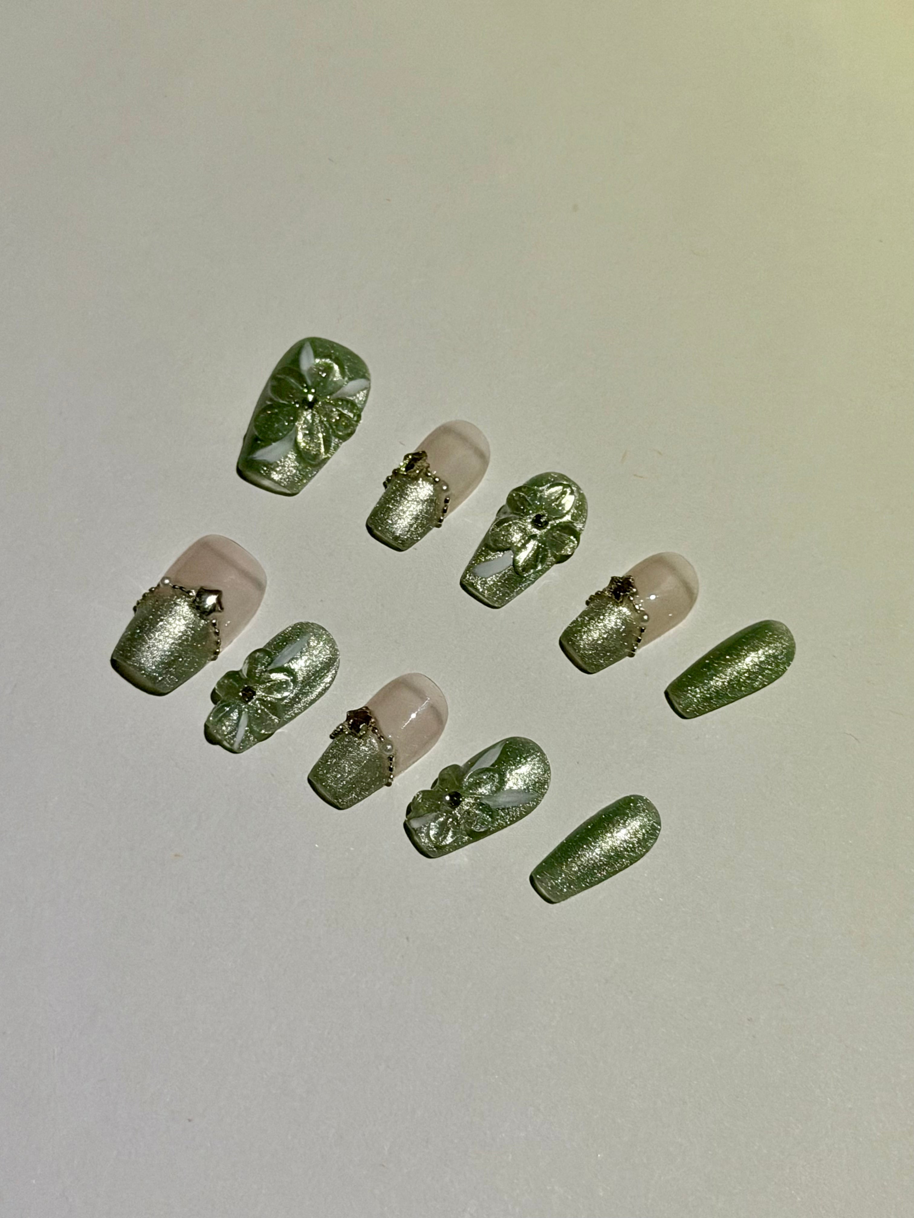 Divine Petal – Mint Green Shimmer Press-On Nails with 3D Floral and Pearl Accents