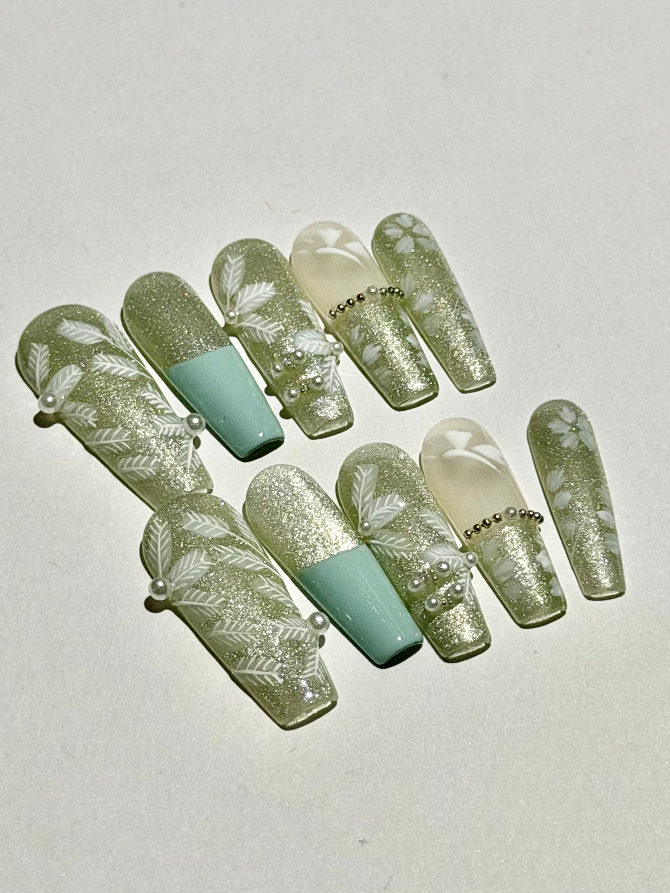 Frosted Elegance – Aqua and White Press-On Nails with Pearl and Floral Accents