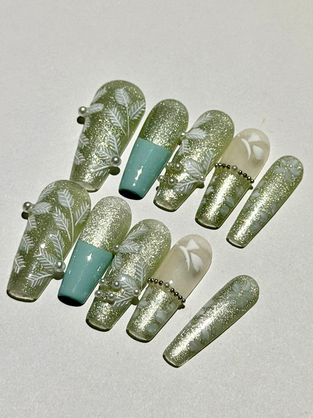Frosted Elegance – Aqua and White Press-On Nails with Pearl and Floral Accents