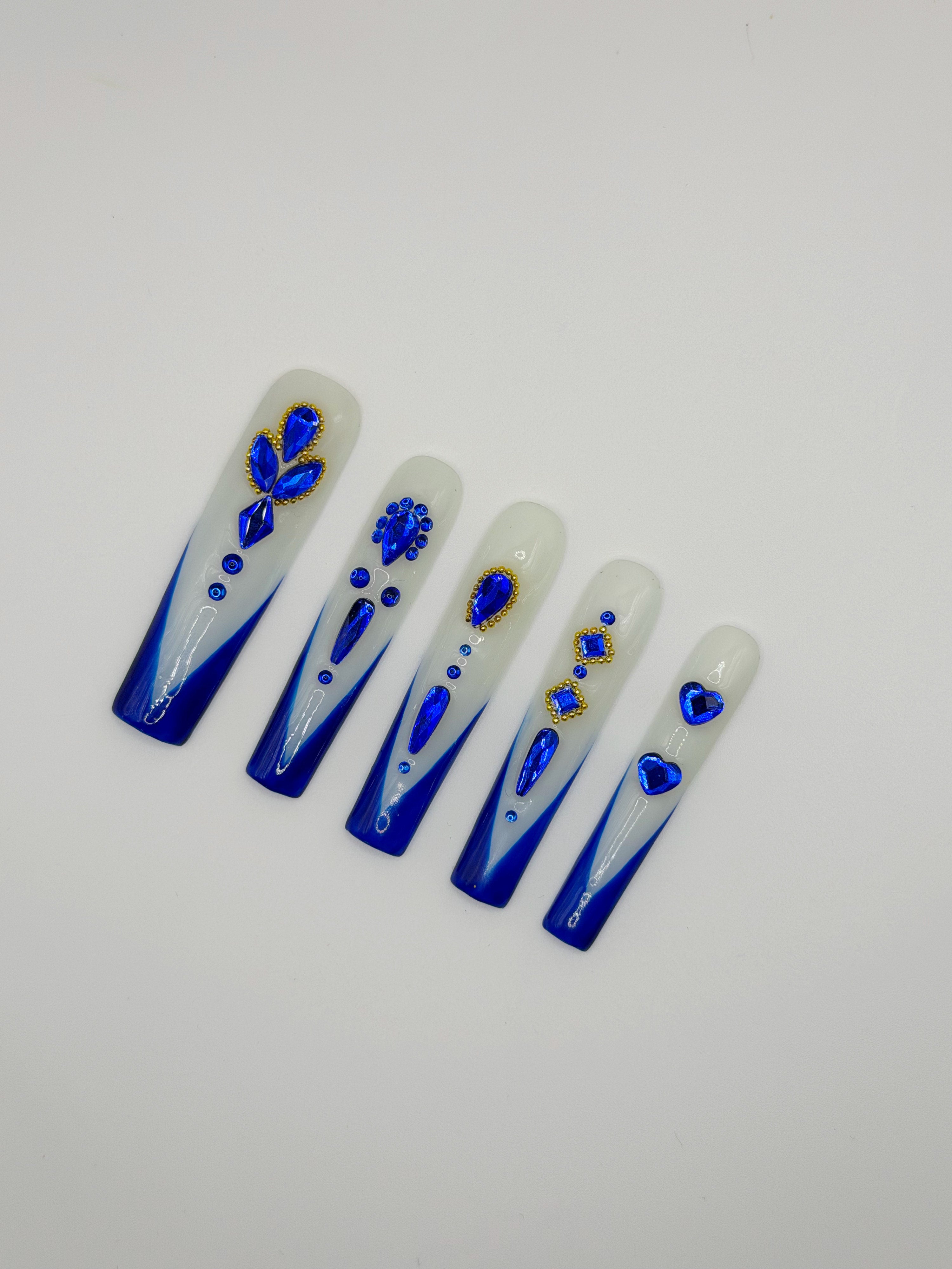 Royal Sapphire – Deep Blue and Milky White Press-On Nails with Gem Accents