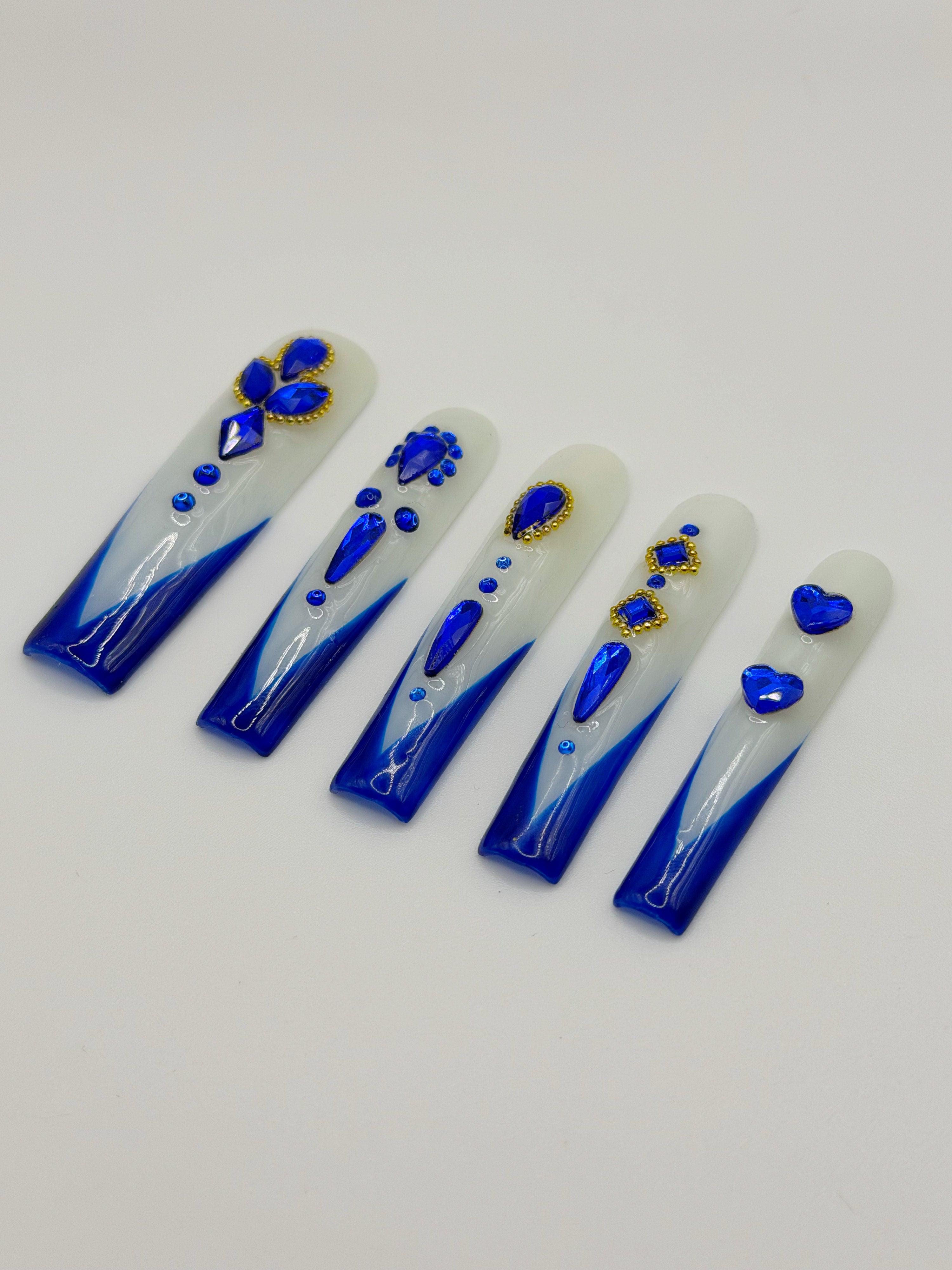 Royal Sapphire – Deep Blue and Milky White Press-On Nails with Gem Accents