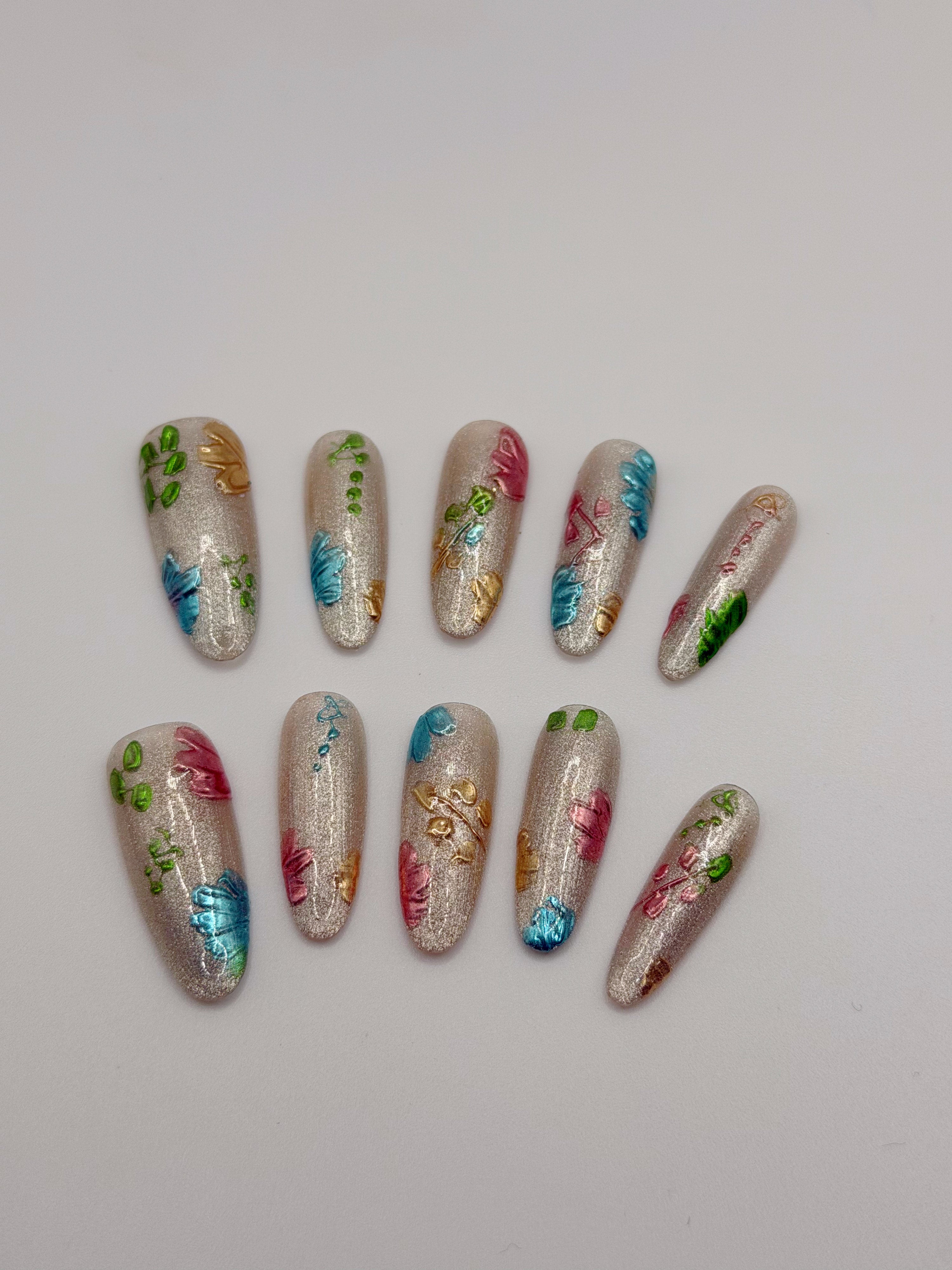 Celestial Glow – Shimmering Silver Press-On Nails with Iridescent Jewel Tones