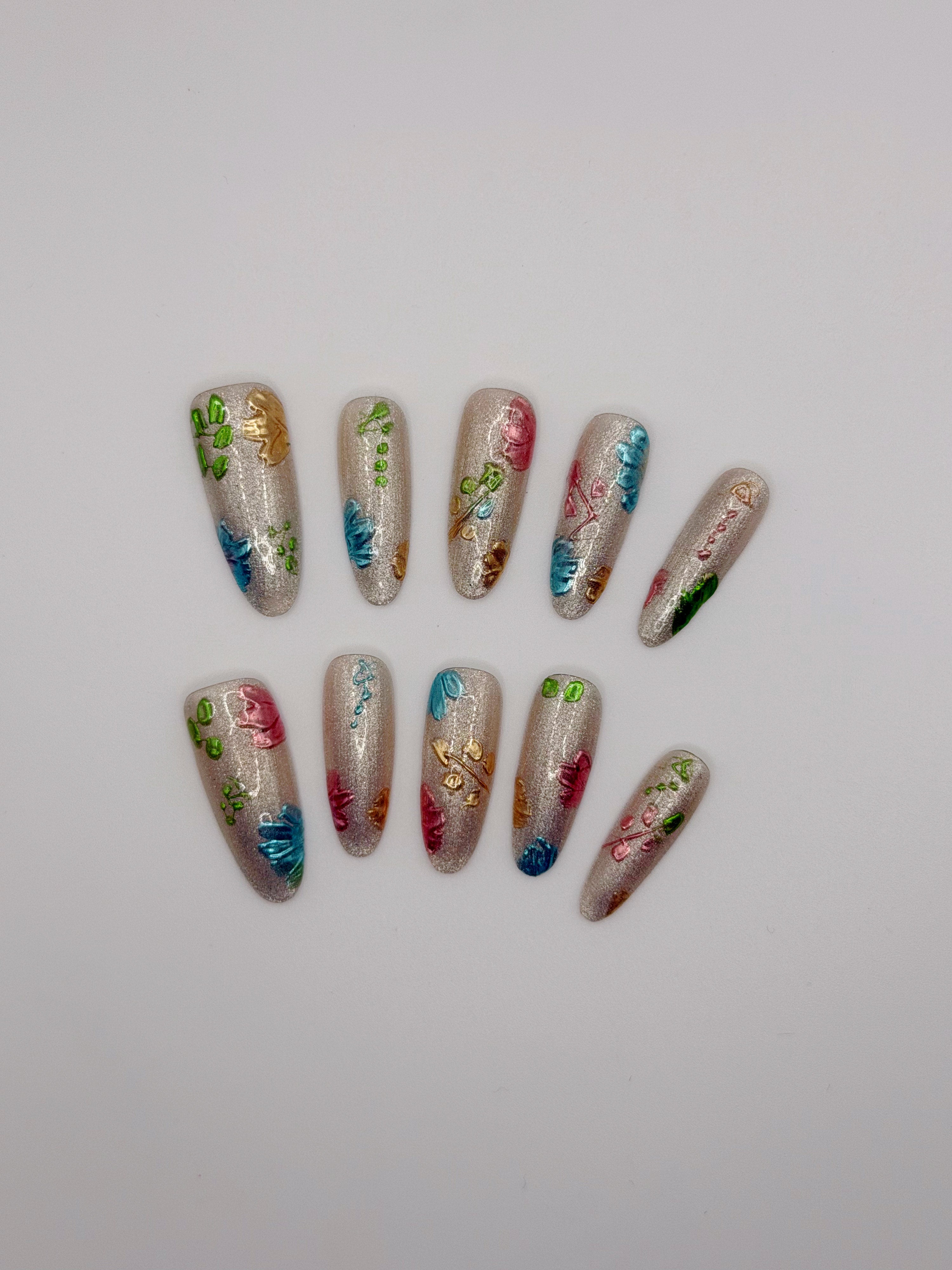 Celestial Glow – Shimmering Silver Press-On Nails with Iridescent Jewel Tones