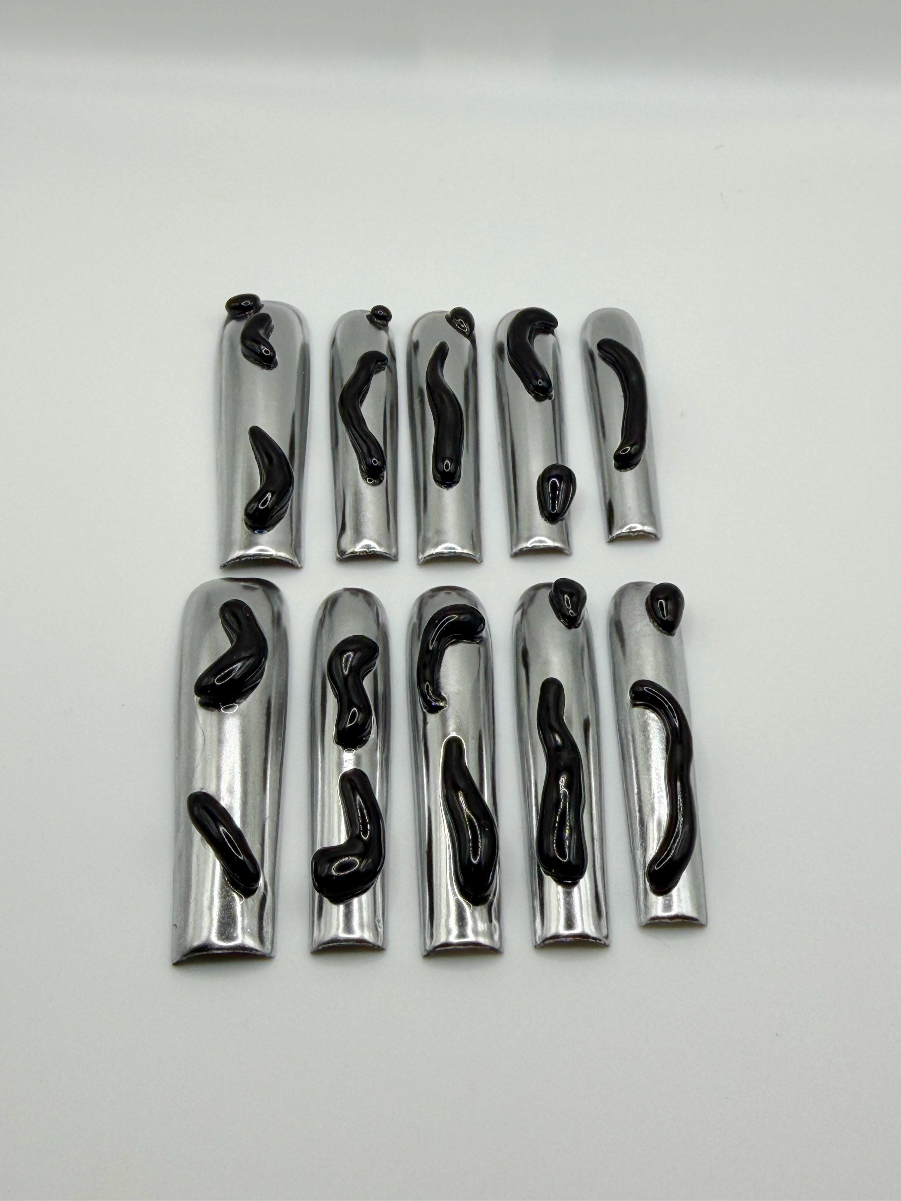 Dark Mirage – Chrome Silver Press-On Nails with Black Fluid Designs