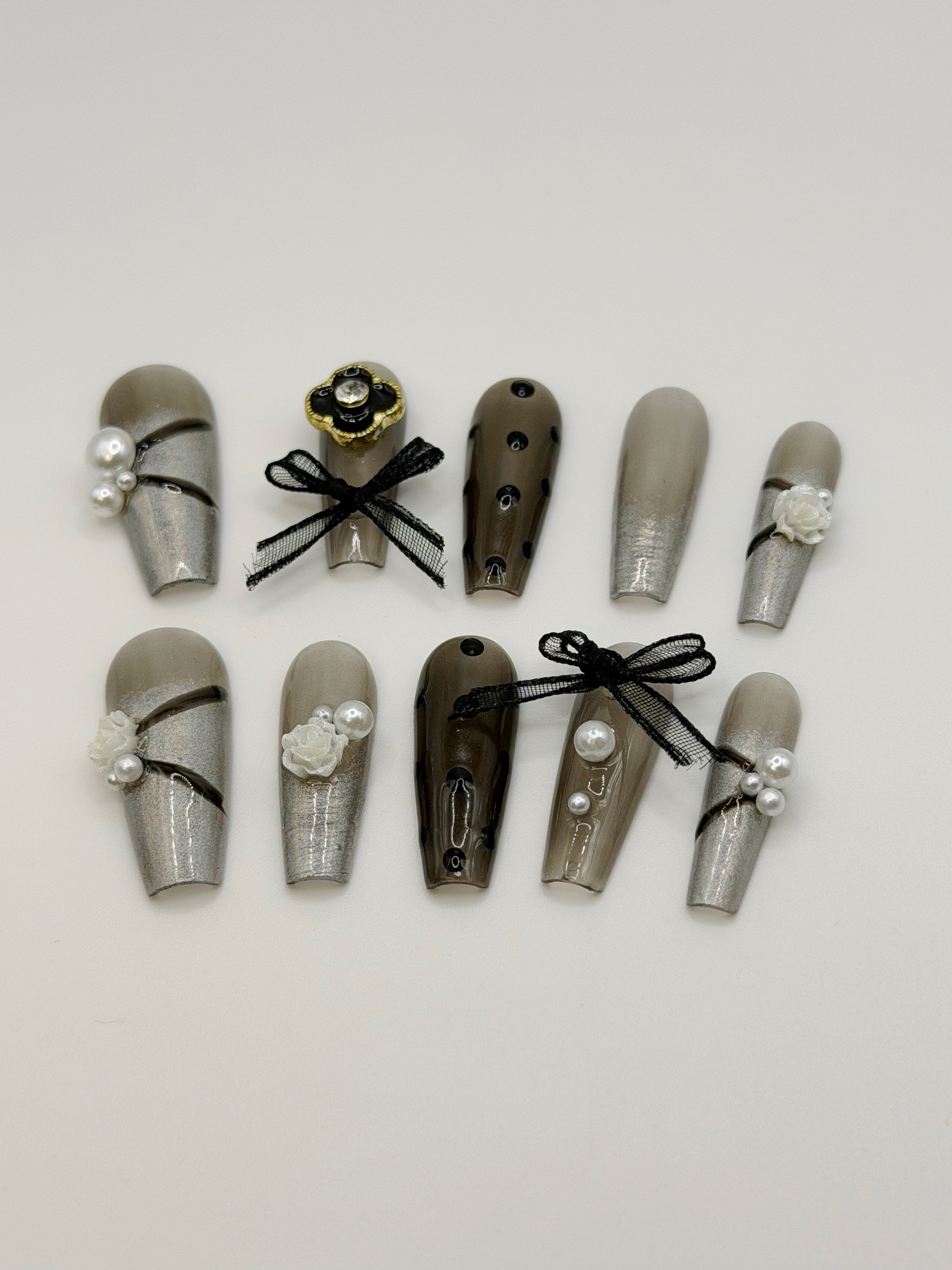 Lunar Lace – Holographic Pearl & Bow Press-On Nails