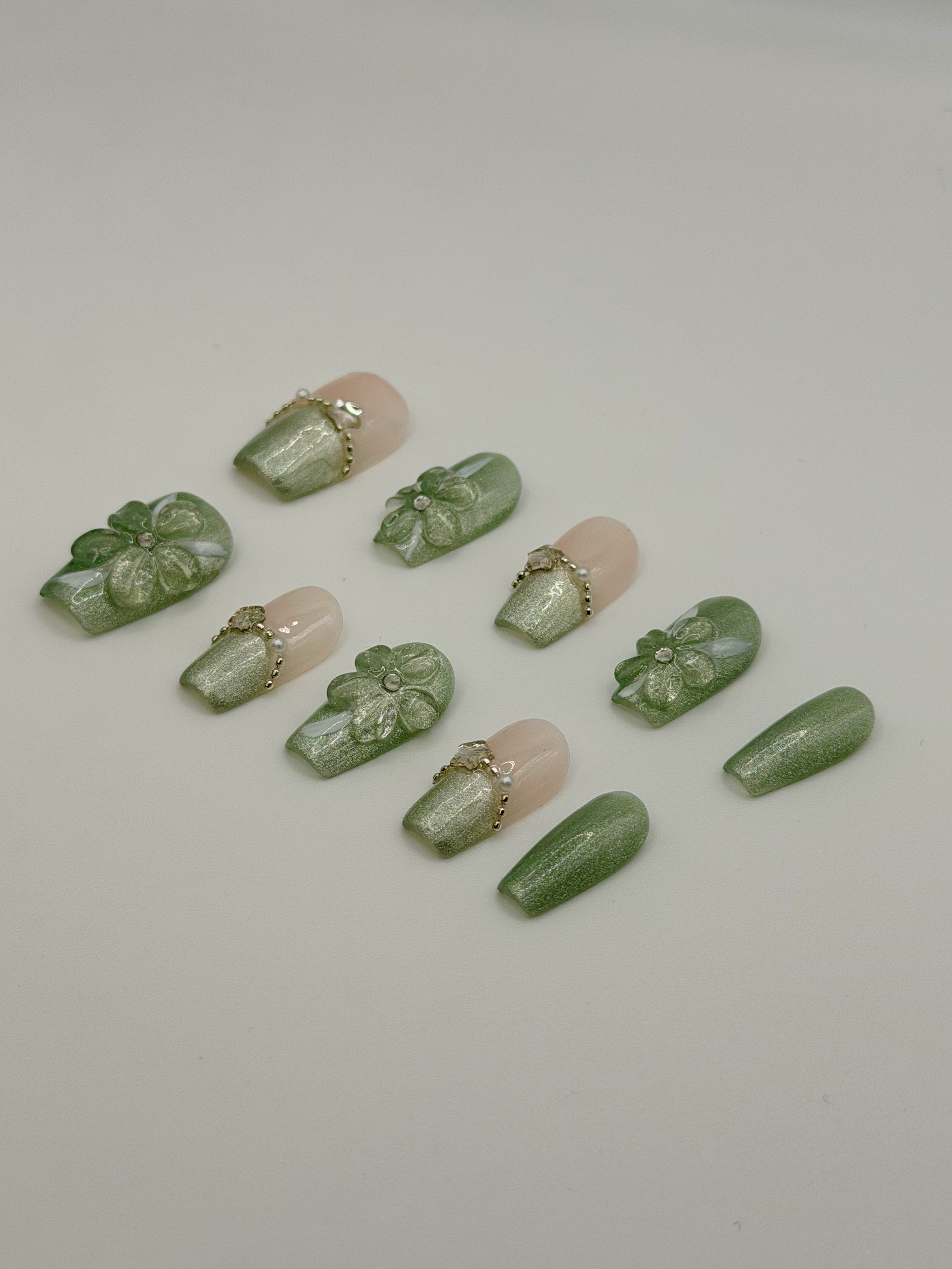 Divine Petal – Mint Green Shimmer Press-On Nails with 3D Floral and Pearl Accents