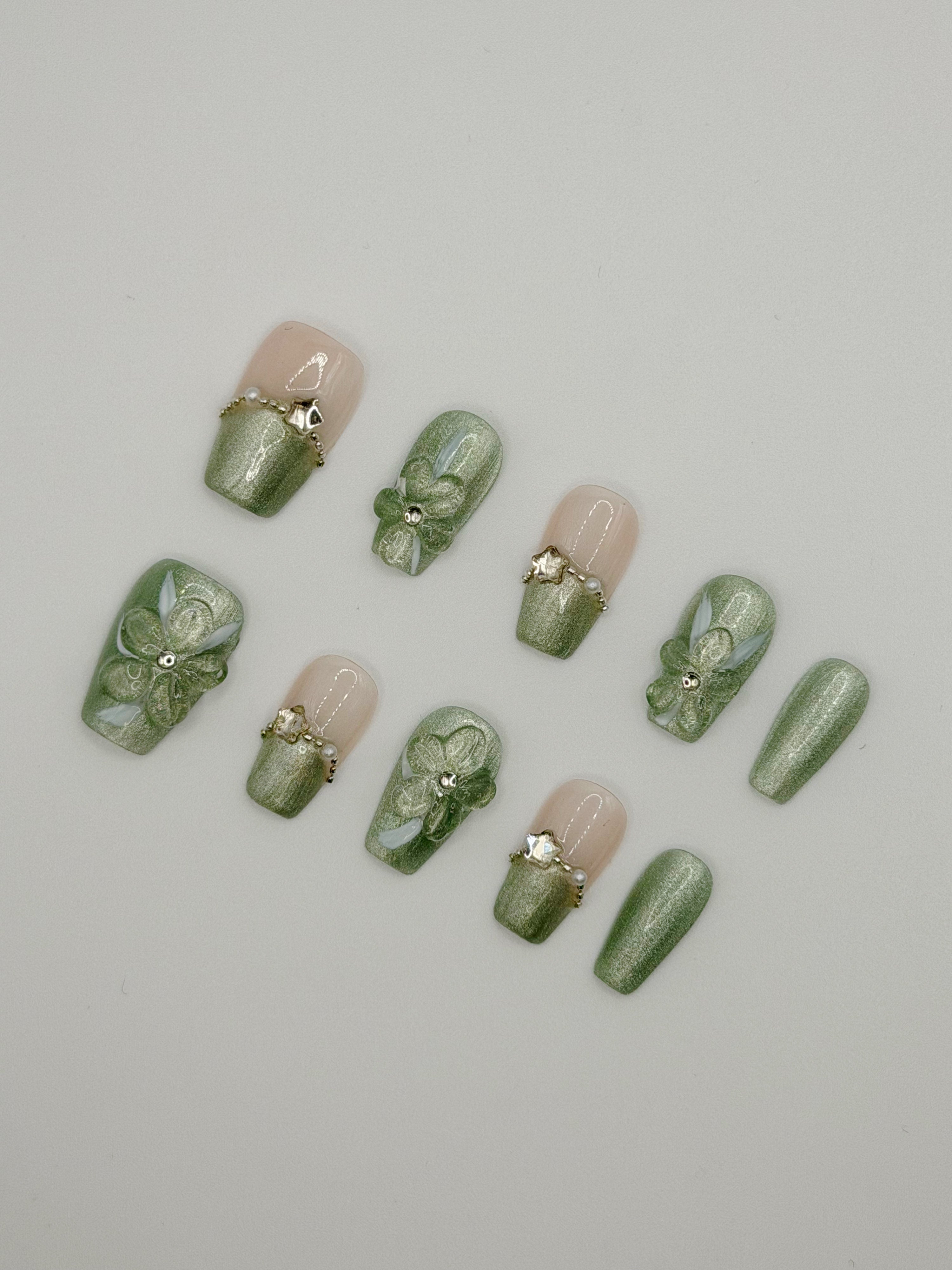 Divine Petal – Mint Green Shimmer Press-On Nails with 3D Floral and Pearl Accents