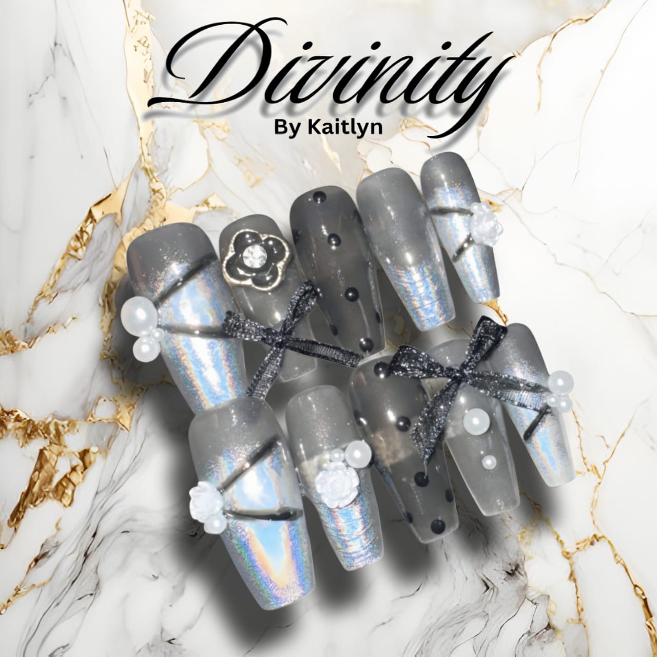 Lunar Lace – Holographic Pearl & Bow Press-On Nails