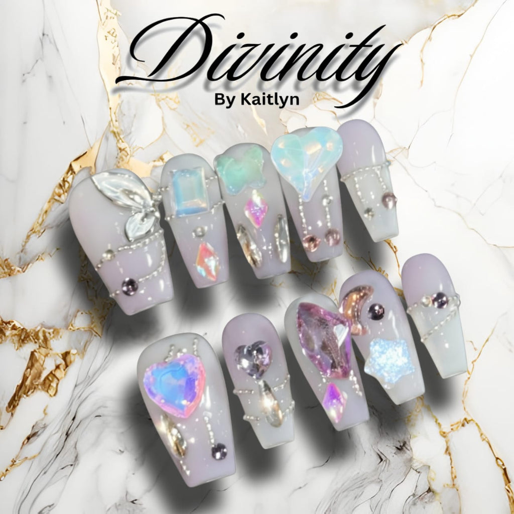 Purity – Elegant White Pearl-Inspired Press-On Nails with Gemstone Accents