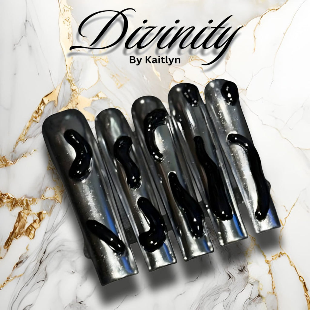 Dark Mirage – Chrome Silver Press-On Nails with Black Fluid Designs