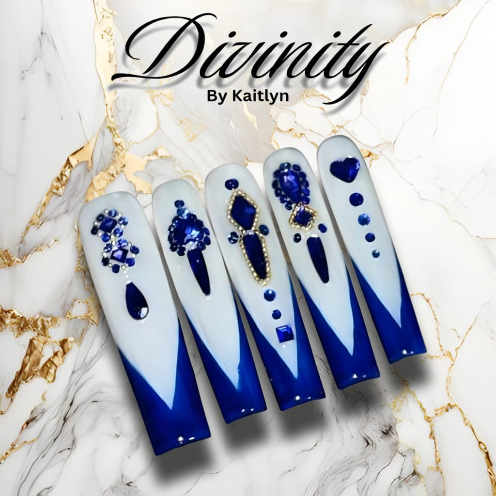Royal Sapphire – Deep Blue and Milky White Press-On Nails with Gem Accents