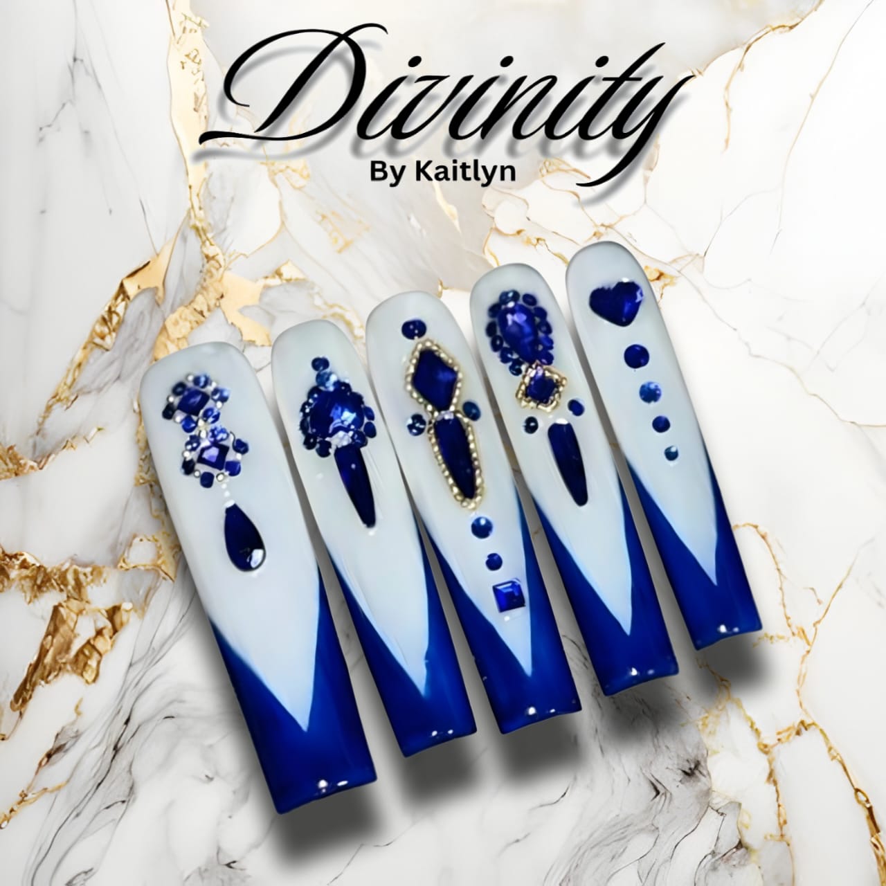 Royal Sapphire – Deep Blue and Milky White Press-On Nails with Gem Accents