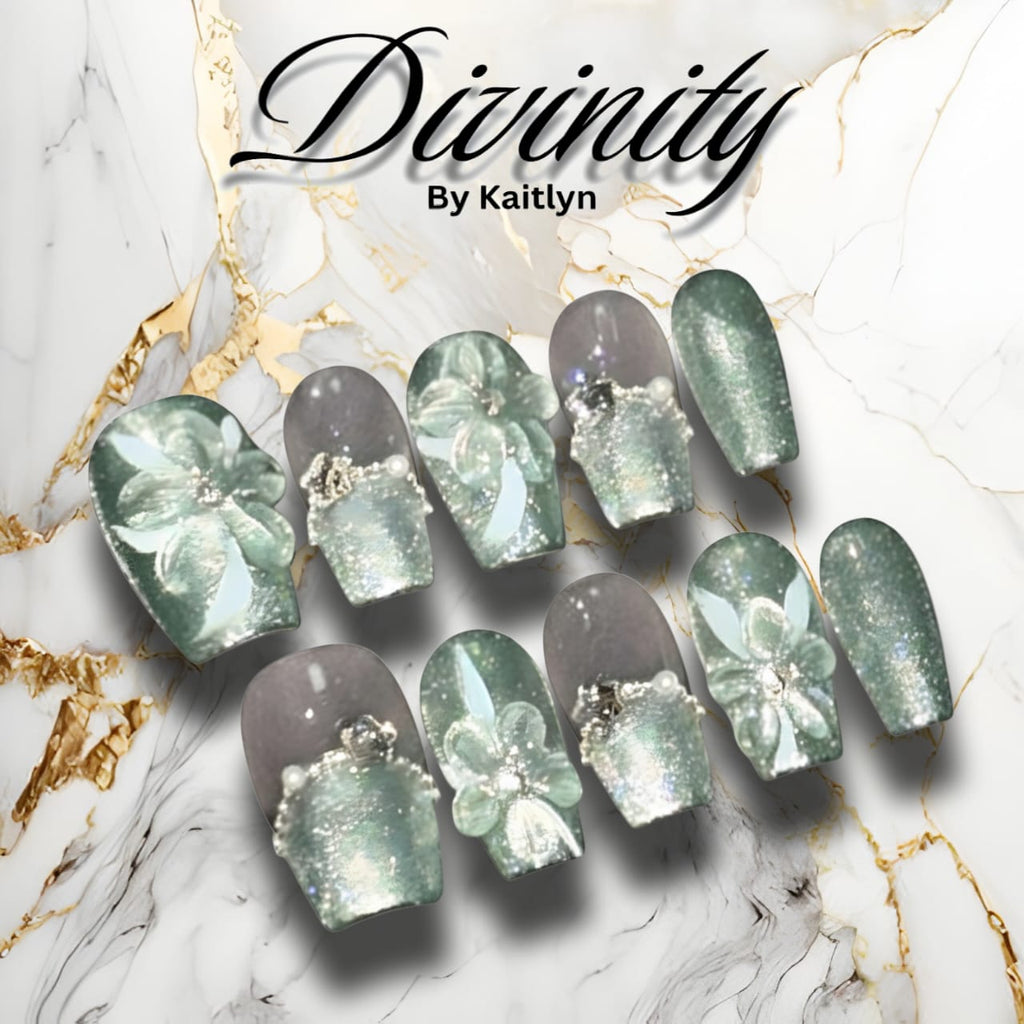 Divine Petal – Mint Green Shimmer Press-On Nails with 3D Floral and Pearl Accents