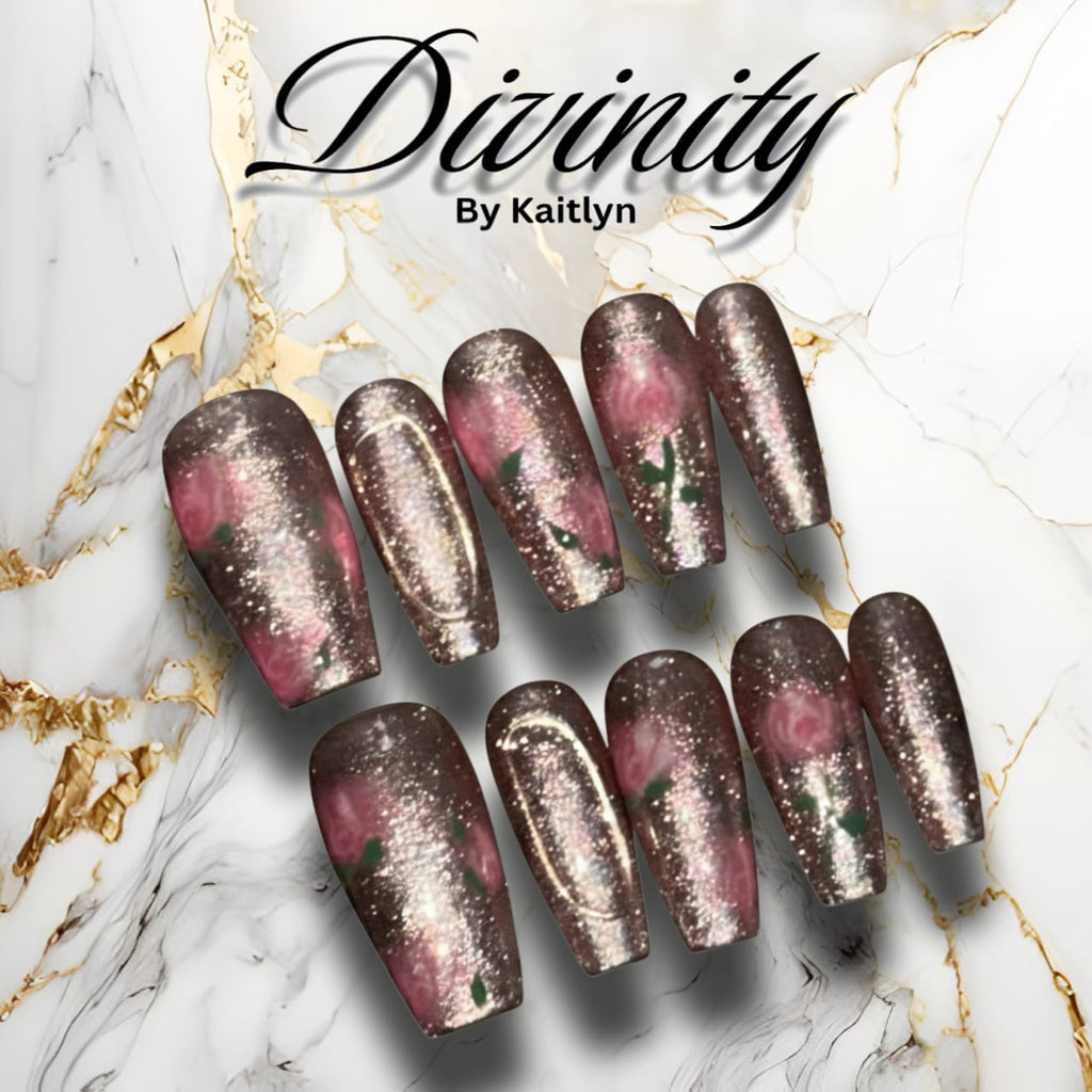 Sparkling Blossom – Glittered Floral Press-On Nails with Elegant Shimmer