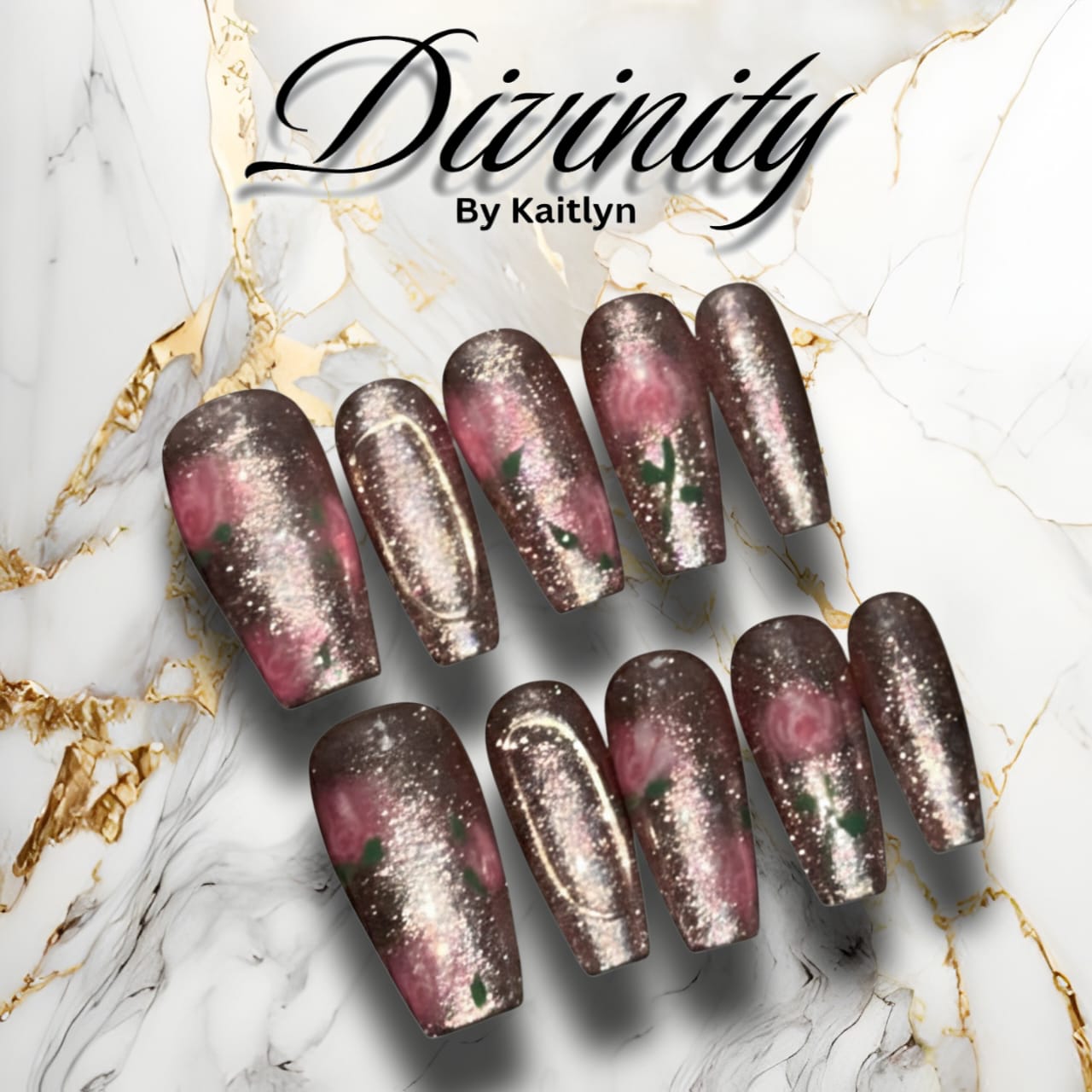 Sparkling Blossom – Glittered Floral Press-On Nails with Elegant Shimmer