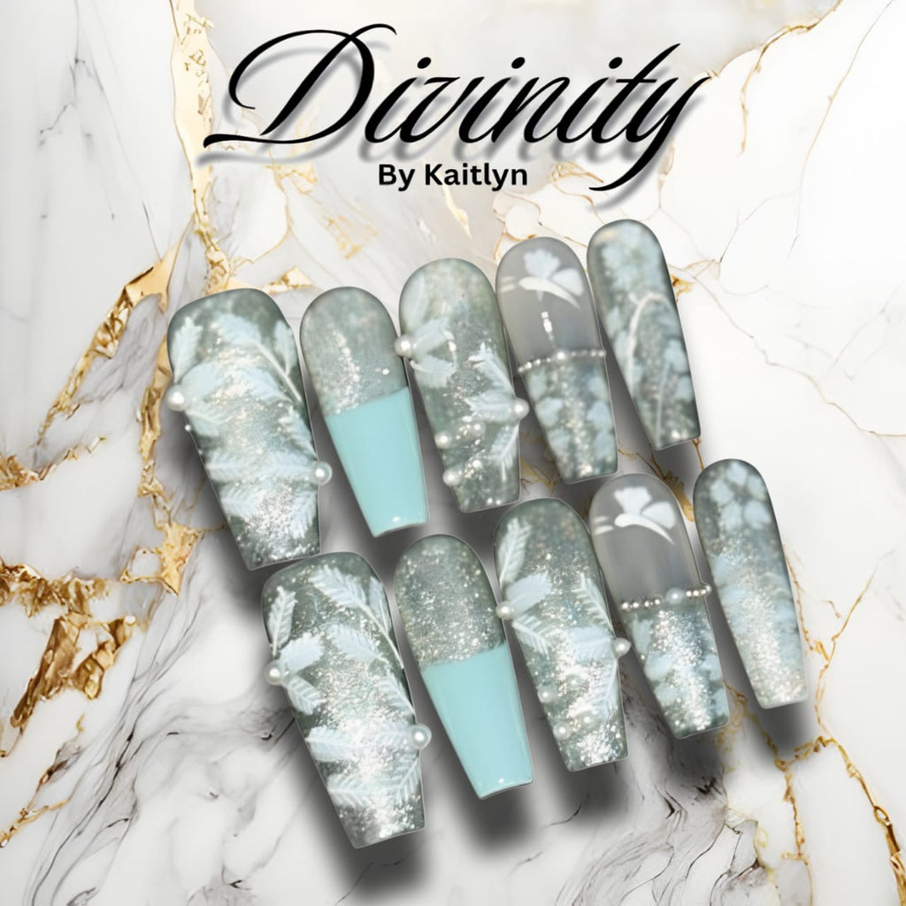 Frosted Elegance – Aqua and White Press-On Nails with Pearl and Floral Accents