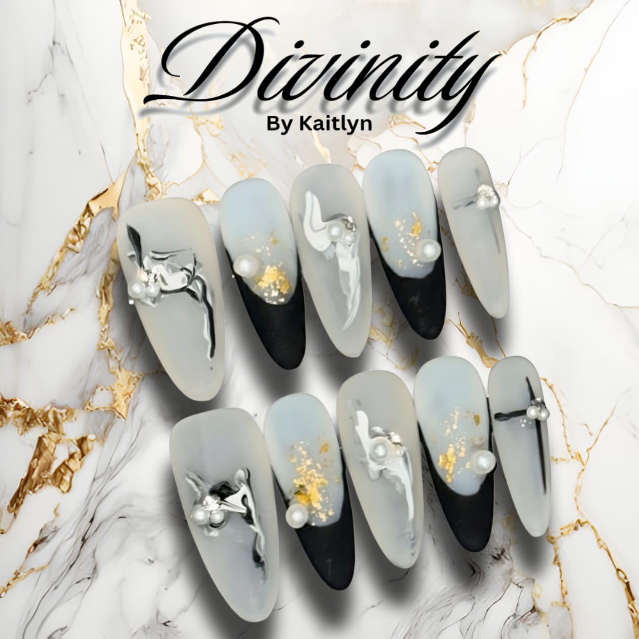 Midnight Elegance – Black Marble Press-On Nails with Gold Foil and Pearl Accents