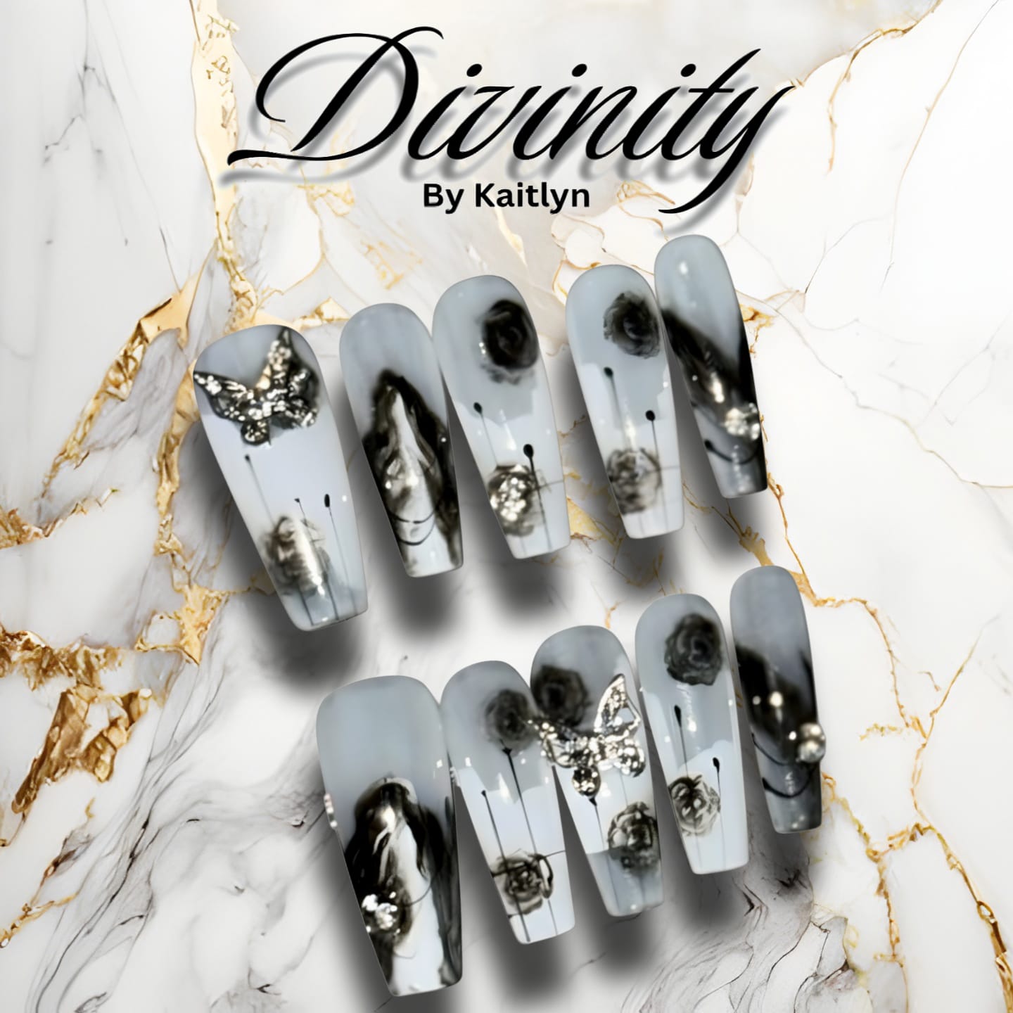 Midnight Whisper – Smoky Marble Press-On Nails with Silver Butterfly Accents