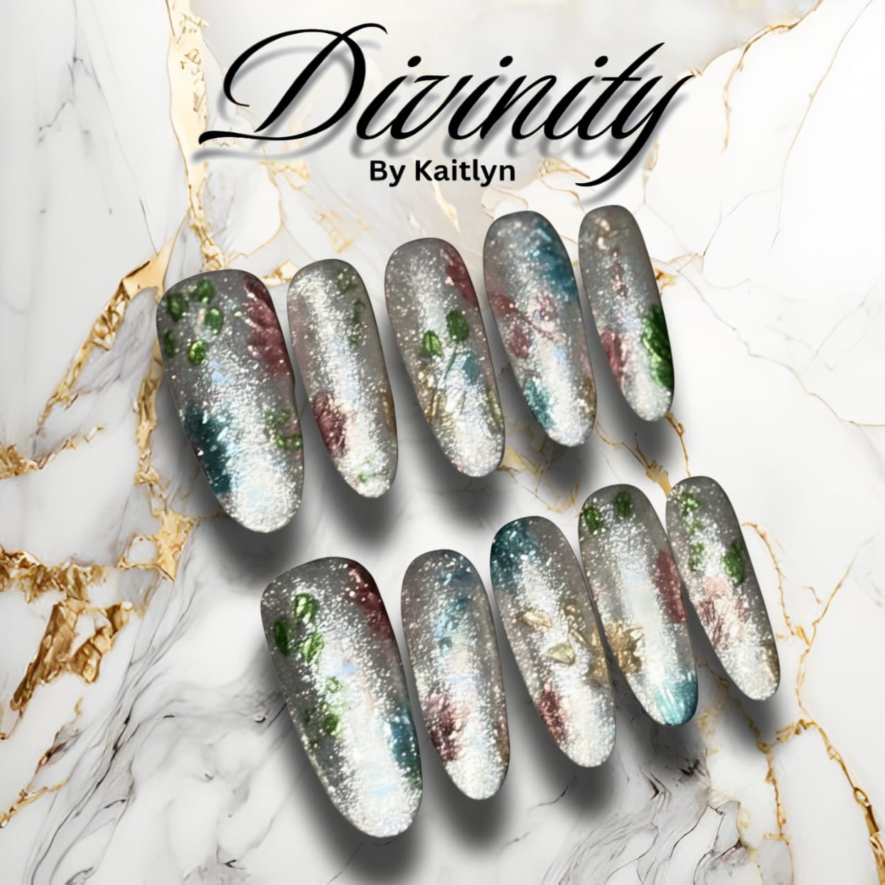 Celestial Glow – Shimmering Silver Press-On Nails with Iridescent Jewel Tones